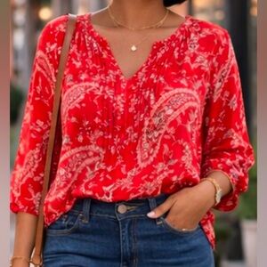 St. John’s Bay Red Paisley Peasant Blouse  Boho V-Neck 3/4 Sleeve Lightweight